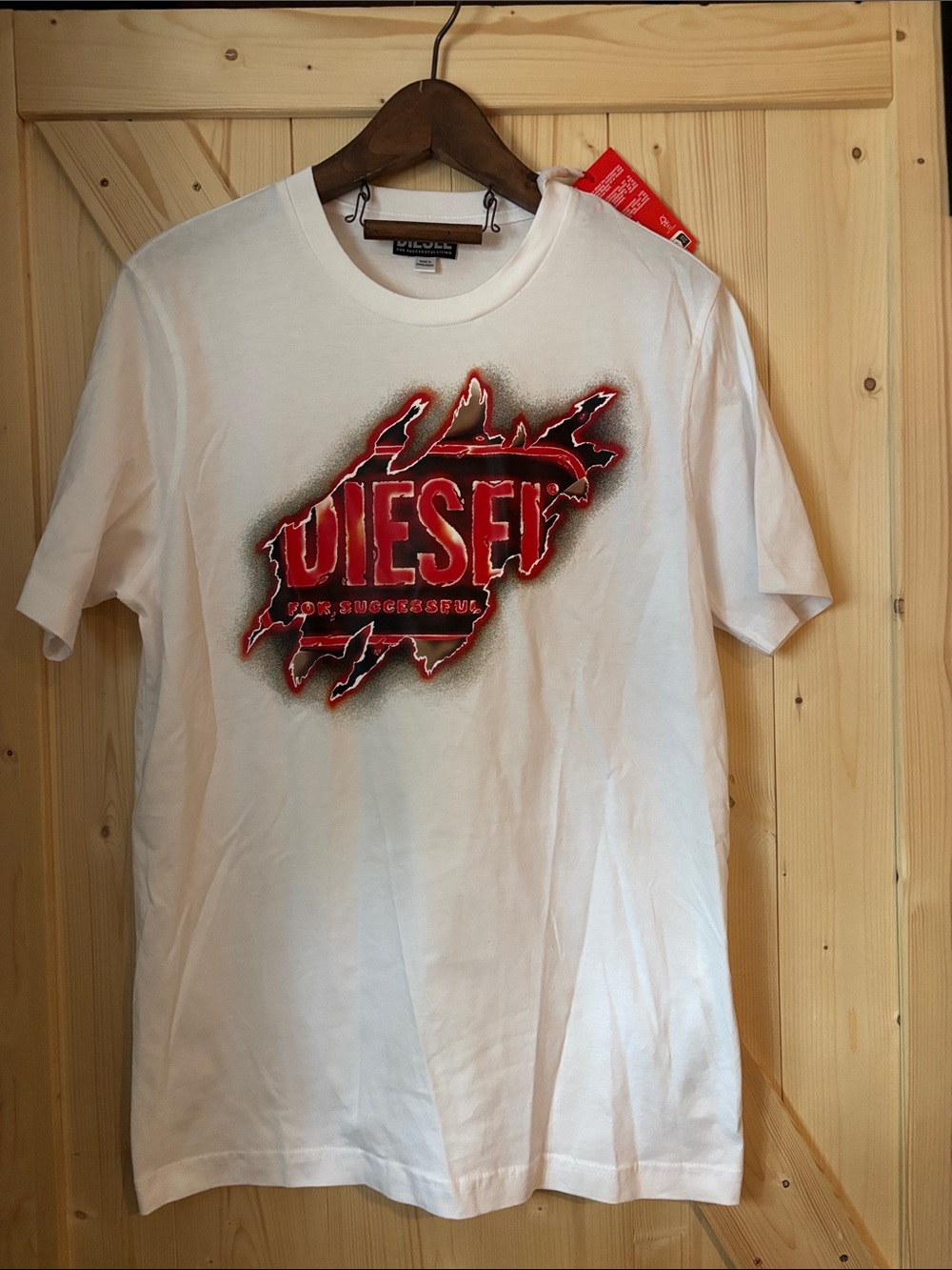 Diesel White Short-Sleeve Tee with Red Graphic Logo
